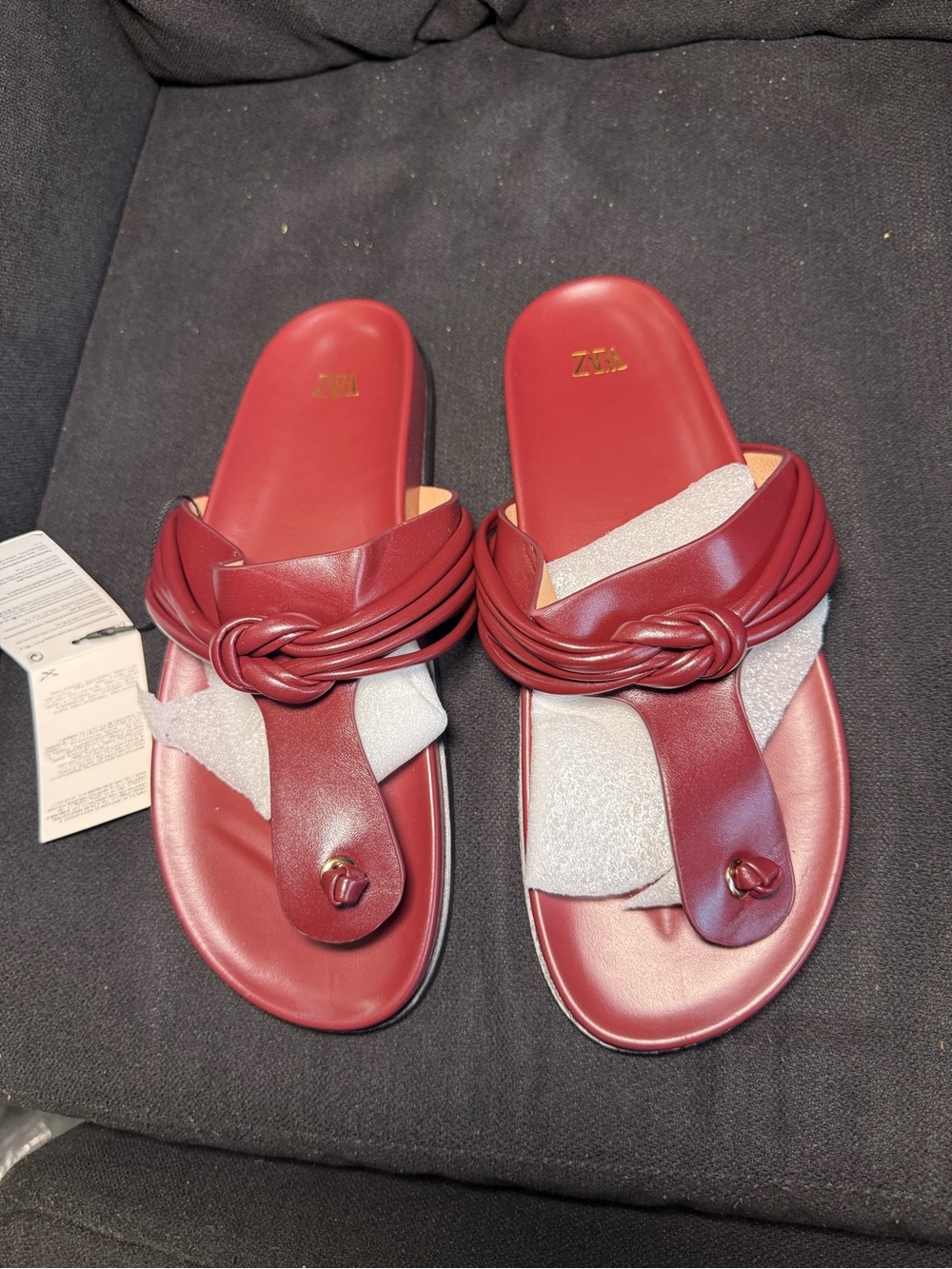 Zara Red Knotted Toe-Ring Leather Slide Sandals